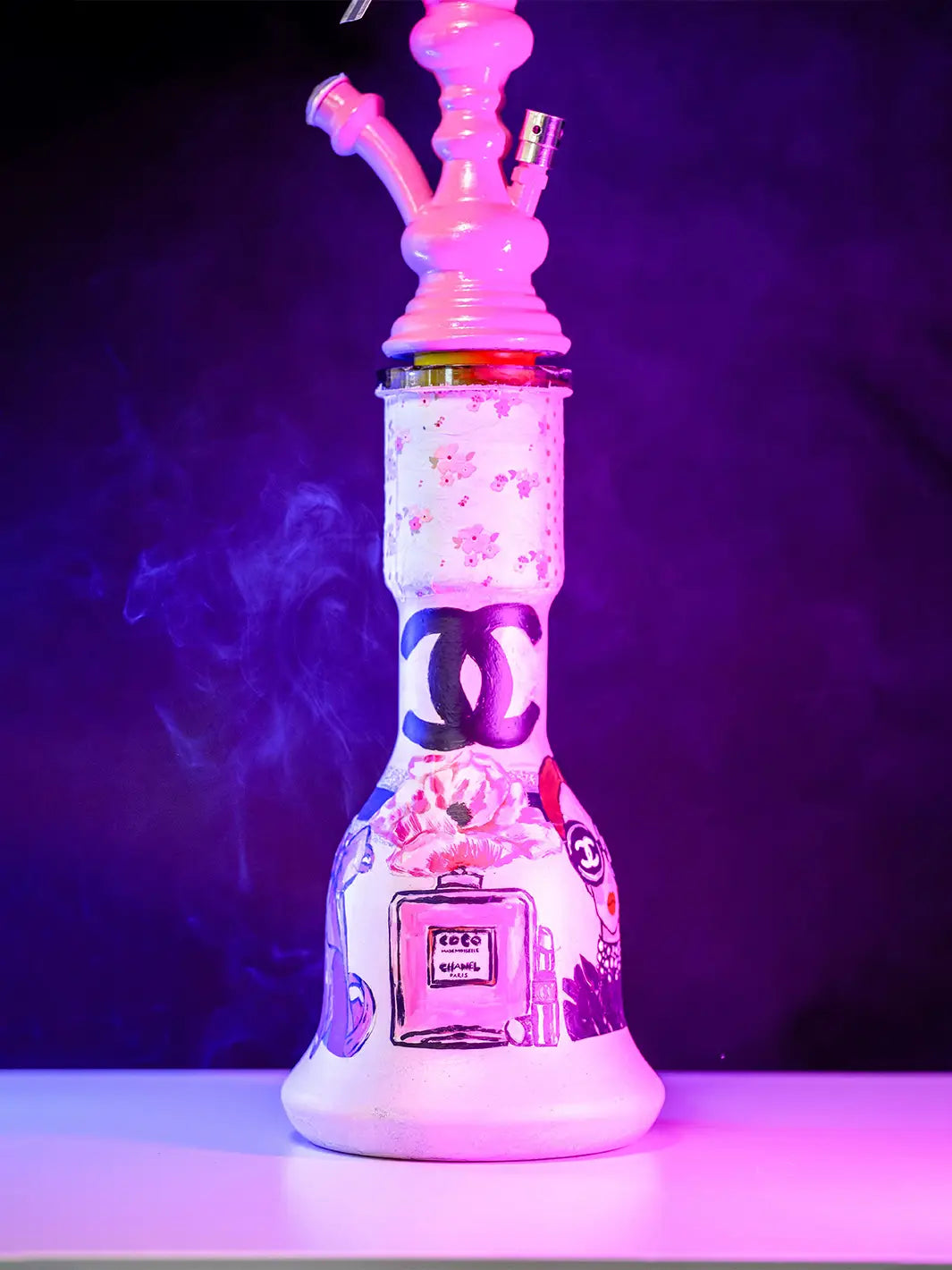 Custom hand-painted luxury Chanel-inspired hookah featuring a chic design with floral accents and elegant colors.