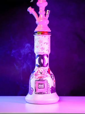 Custom hand-painted luxury Chanel-inspired hookah featuring a chic design with floral accents and elegant colors.
